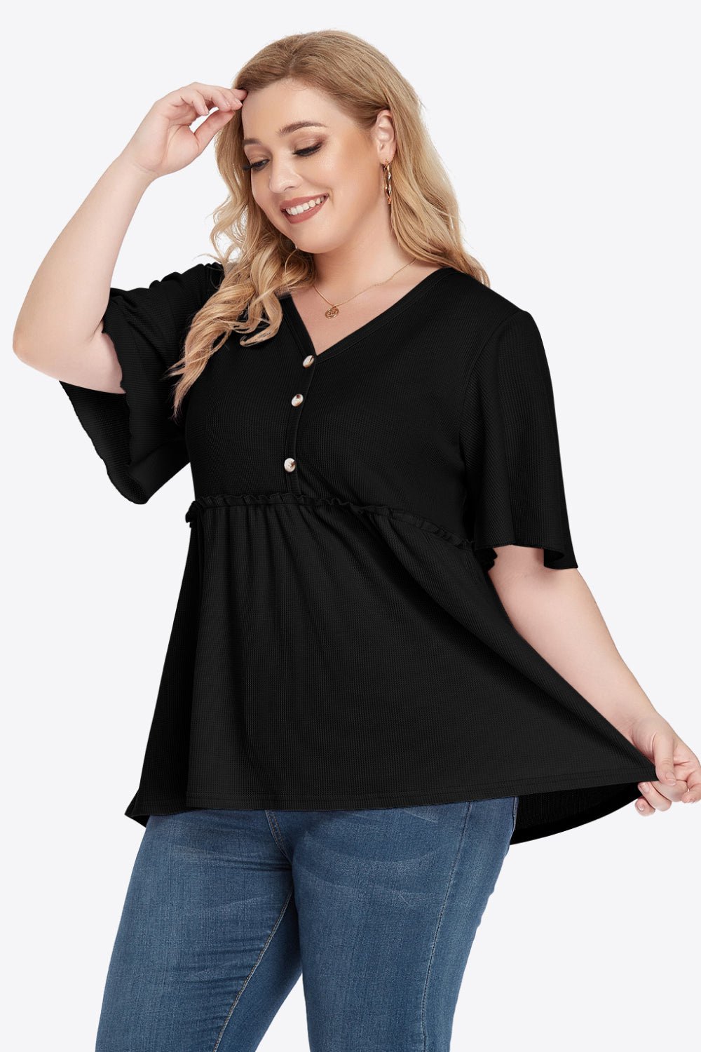 V-Neck Frill Trim Babydoll Blouse - Quelle's BoutiQue
