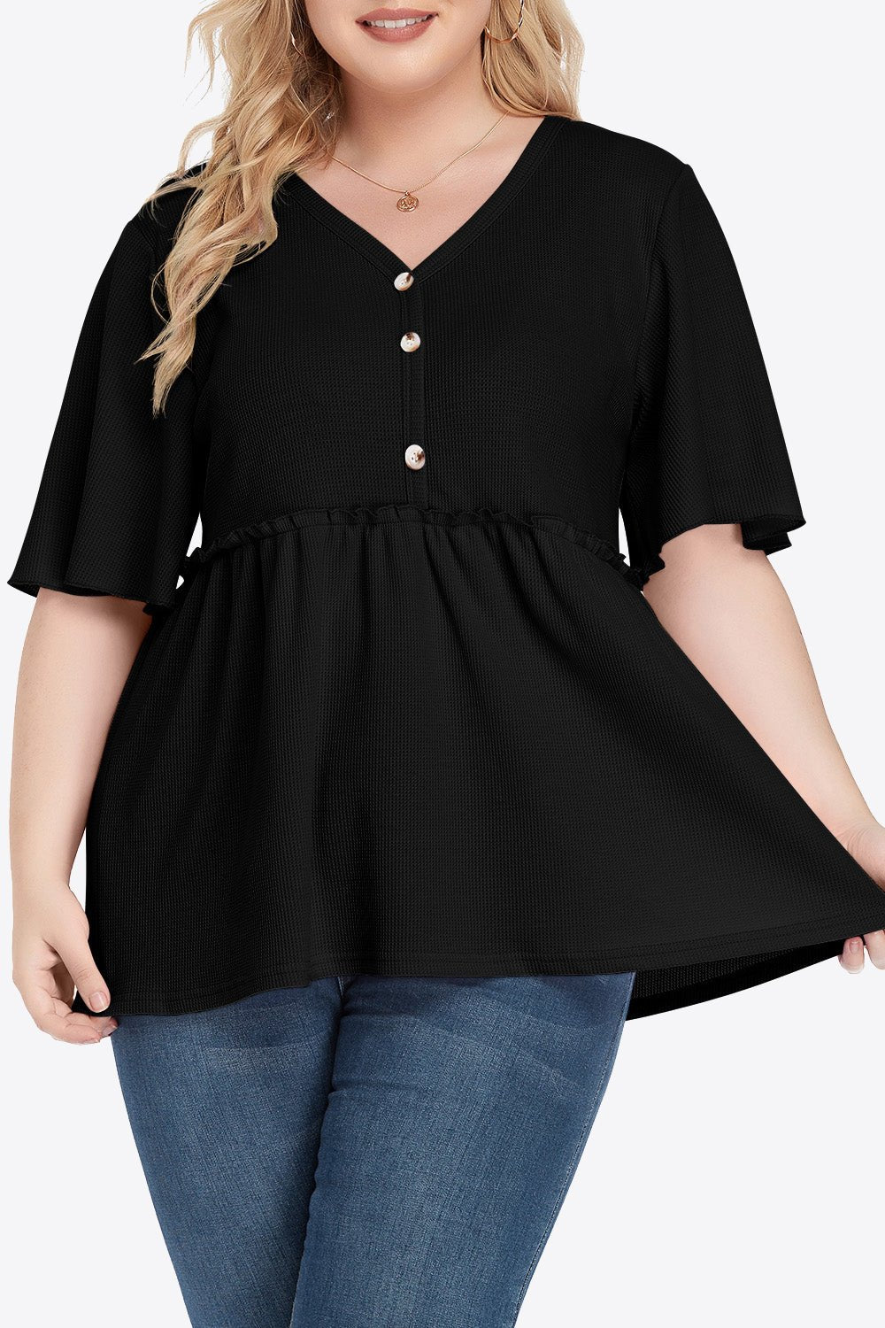 V-Neck Frill Trim Babydoll Blouse - Quelle's BoutiQue