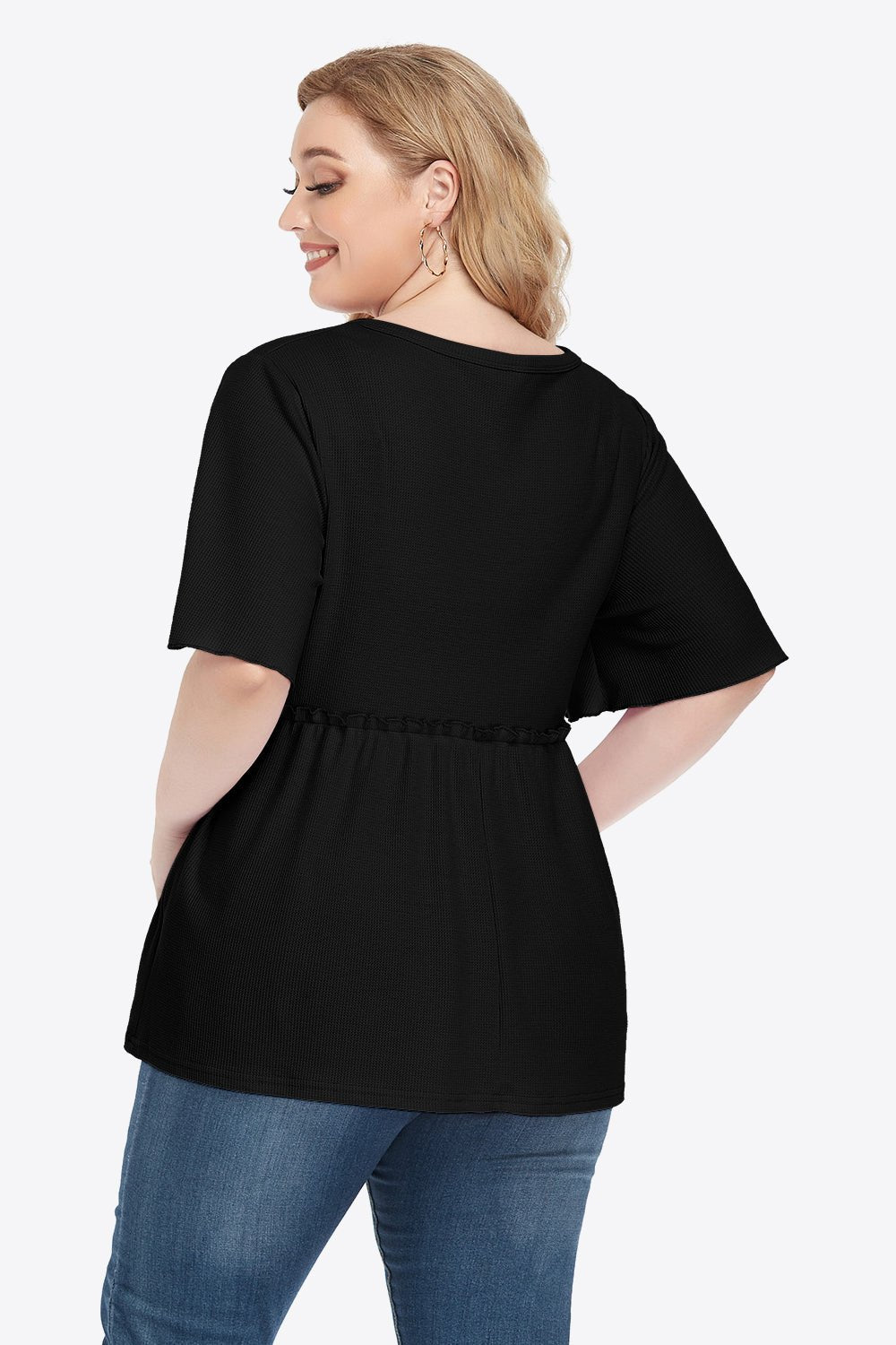V-Neck Frill Trim Babydoll Blouse - Quelle's BoutiQue