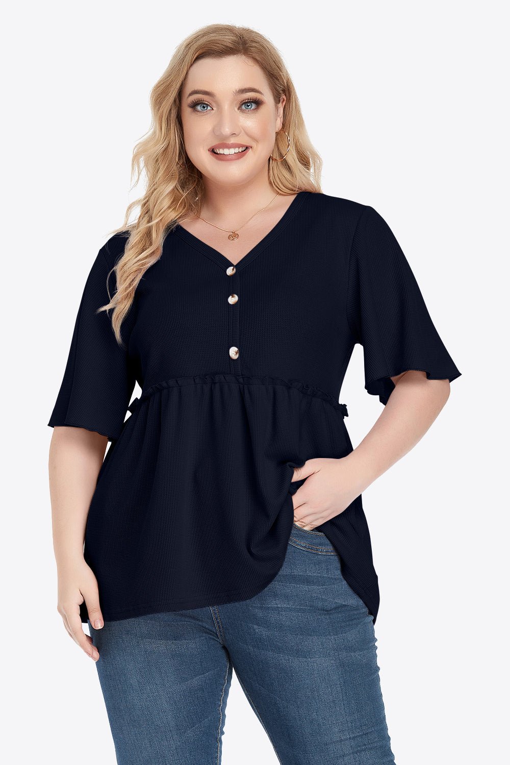 V-Neck Frill Trim Babydoll Blouse - Quelle's BoutiQue
