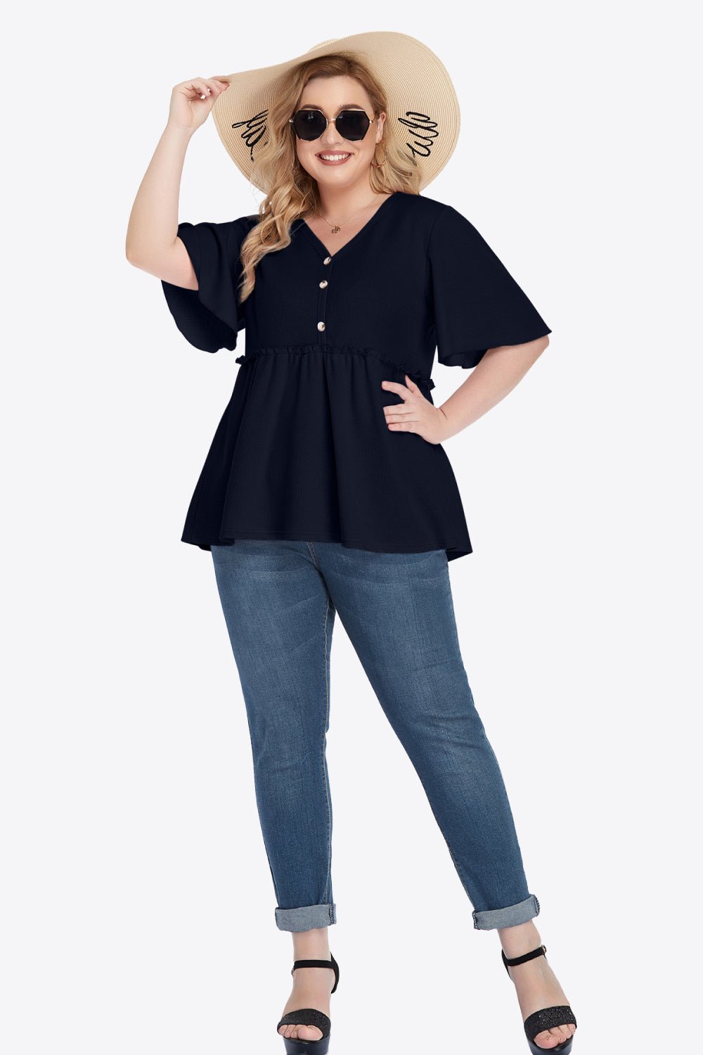 V-Neck Frill Trim Babydoll Blouse - Quelle's BoutiQue
