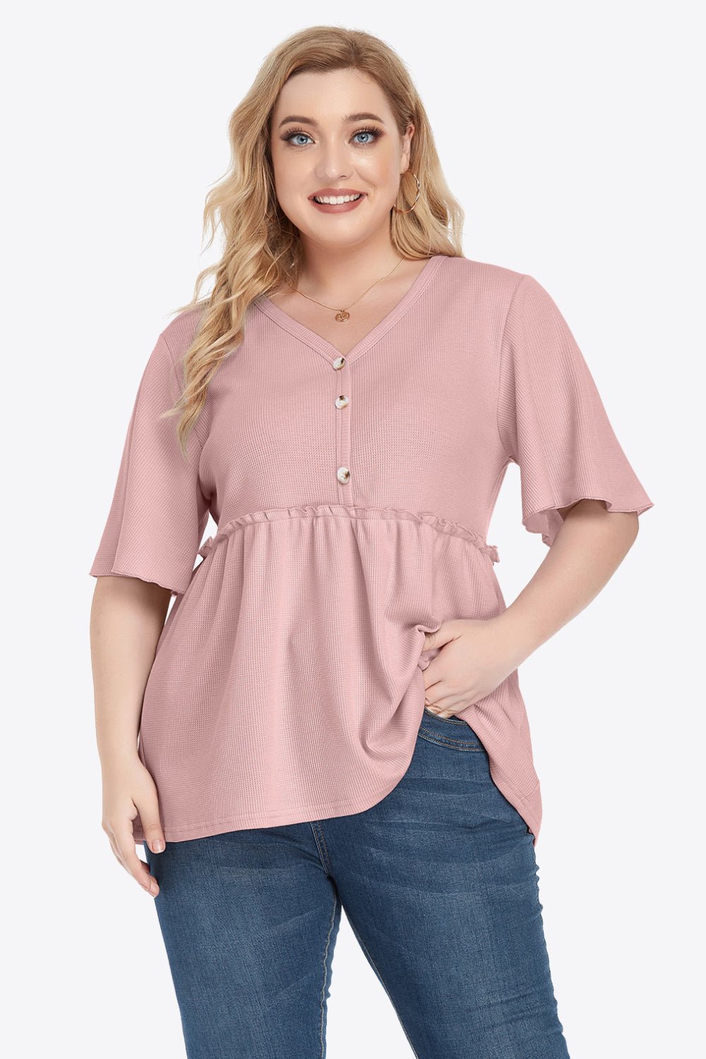 V-Neck Frill Trim Babydoll Blouse - Quelle's BoutiQue