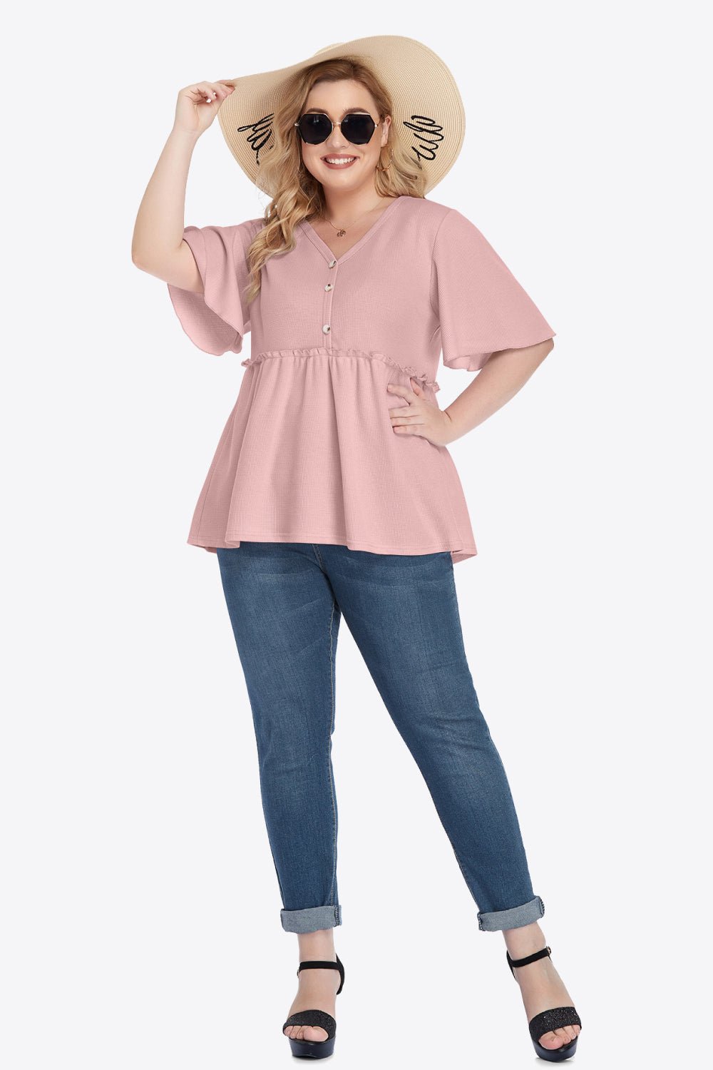 V-Neck Frill Trim Babydoll Blouse - Quelle's BoutiQue