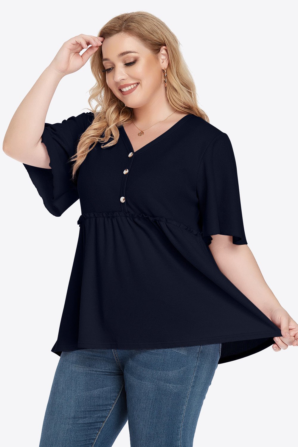V-Neck Frill Trim Babydoll Blouse - Quelle's BoutiQue
