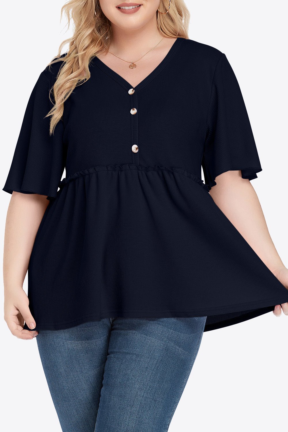 V-Neck Frill Trim Babydoll Blouse - Quelle's BoutiQue